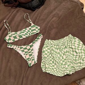 Motel Rocks Green Checkered Bathing Suit Set with Shorts